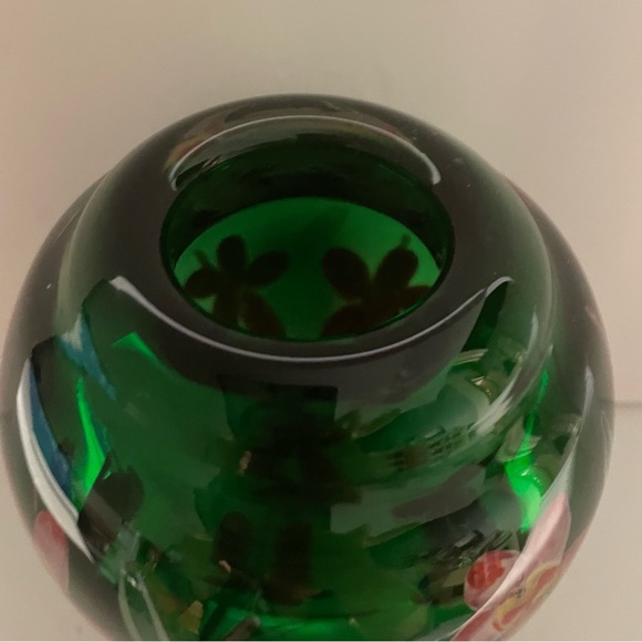 Vintage MCM Murano Emerald Green Glass Vase with Pink Flowers, Sommerso - Picture 3 of 9